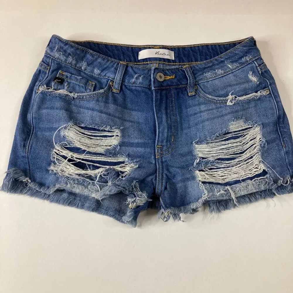 Womens Kancan Estilo Mid Rise Distressed Denim Bootie Shorts Blue 5/26 Cotton Ra